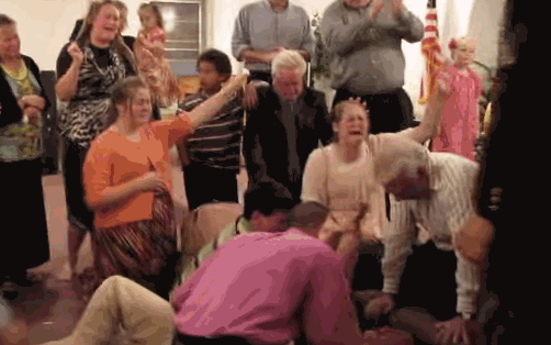 church full of people speaking in tongues, rolling aroudn on the floor, etc. 