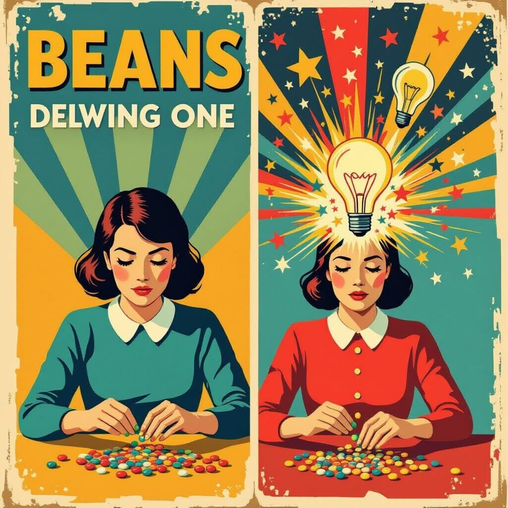 A split-screen composition: left side shows a person meticulously sorting colorful beans one by one with a bored express...