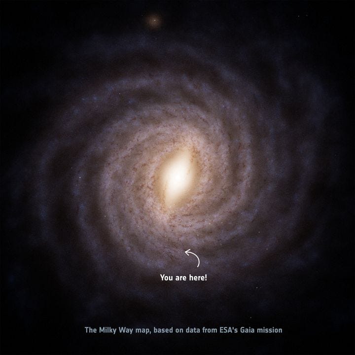 Vue d'artiste montrant la Voie lactée et situant notre système solaire, à partir des données récoltées par le sonde Gaia de l'Agence spatiale européenne. (ESA / GAIA / DPAC, STEFAN PAYNE-WARDENAAR)