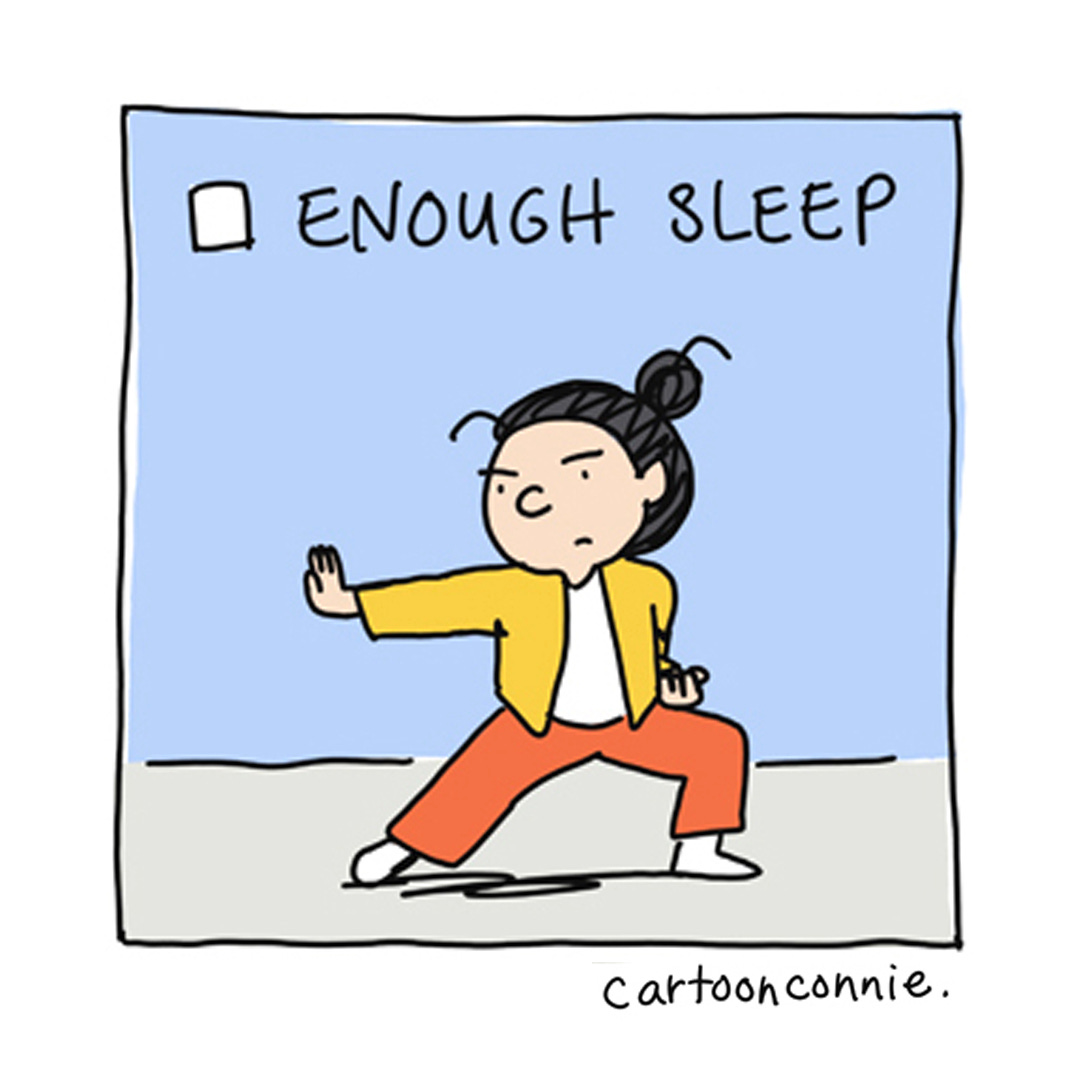 Colorful illustration of a cartoon girl with a bun in a comical kungfu pose. Excerpt from a comic strip titled "Personal Demon Slayer," original art by Connie Sun, cartoonconnie, 2025. Colorful illustration of a cartoon girl with a bun in a comical kungfu pose. Excerpt from a comic strip titled "Personal Demon Slayer," original art by Connie Sun, cartoonconnie, 2025.