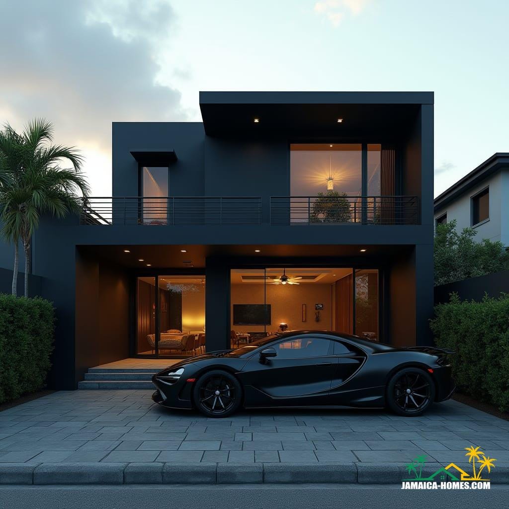 Modern Jamaican townhouse in Kingston, matte black, bold geometric forms, recessed windows, flat roof, protruding entrances, rooftop lounge and spa, geometric landscaping, luxury black supercar, cinematic film still, 35mm film grain, vignette, color graded, cinematic lighting, futuristic urban elegance, inspired by Syd Mead, Antoni Gaudí, and Zaha Hadid's sleek architecture, dramatic contrasts, atmospheric.