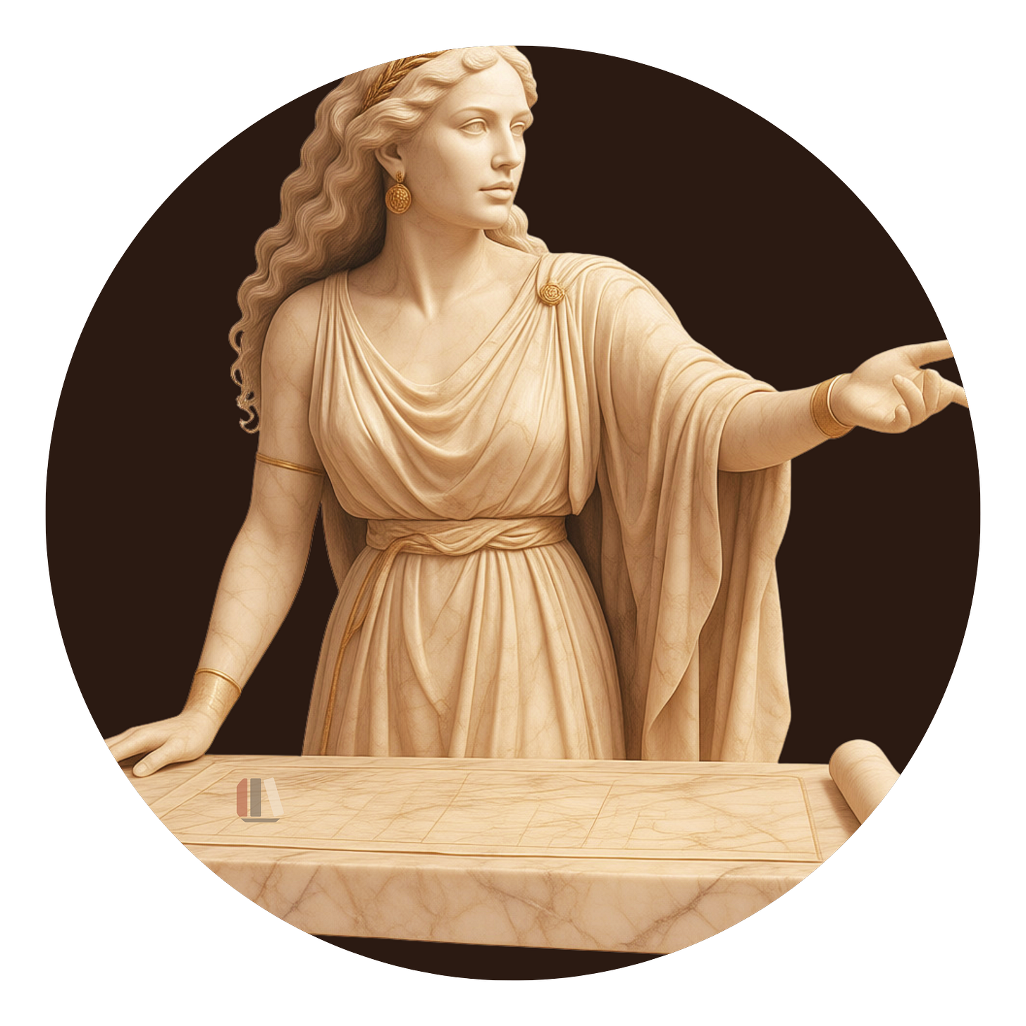 Sculpted classical bust in pale stone against a dark brown circle. A composed woman in a draped robe stands at a table set with a chart, one hand on the table and the other extended to point the way, mid-instruction rather than enchantment. Sculpted classical bust in pale stone against a dark brown circle. A composed woman in a draped robe stands at a table set with a chart, one hand on the table and the other extended to point the way, mid-instruction rather than enchantment.