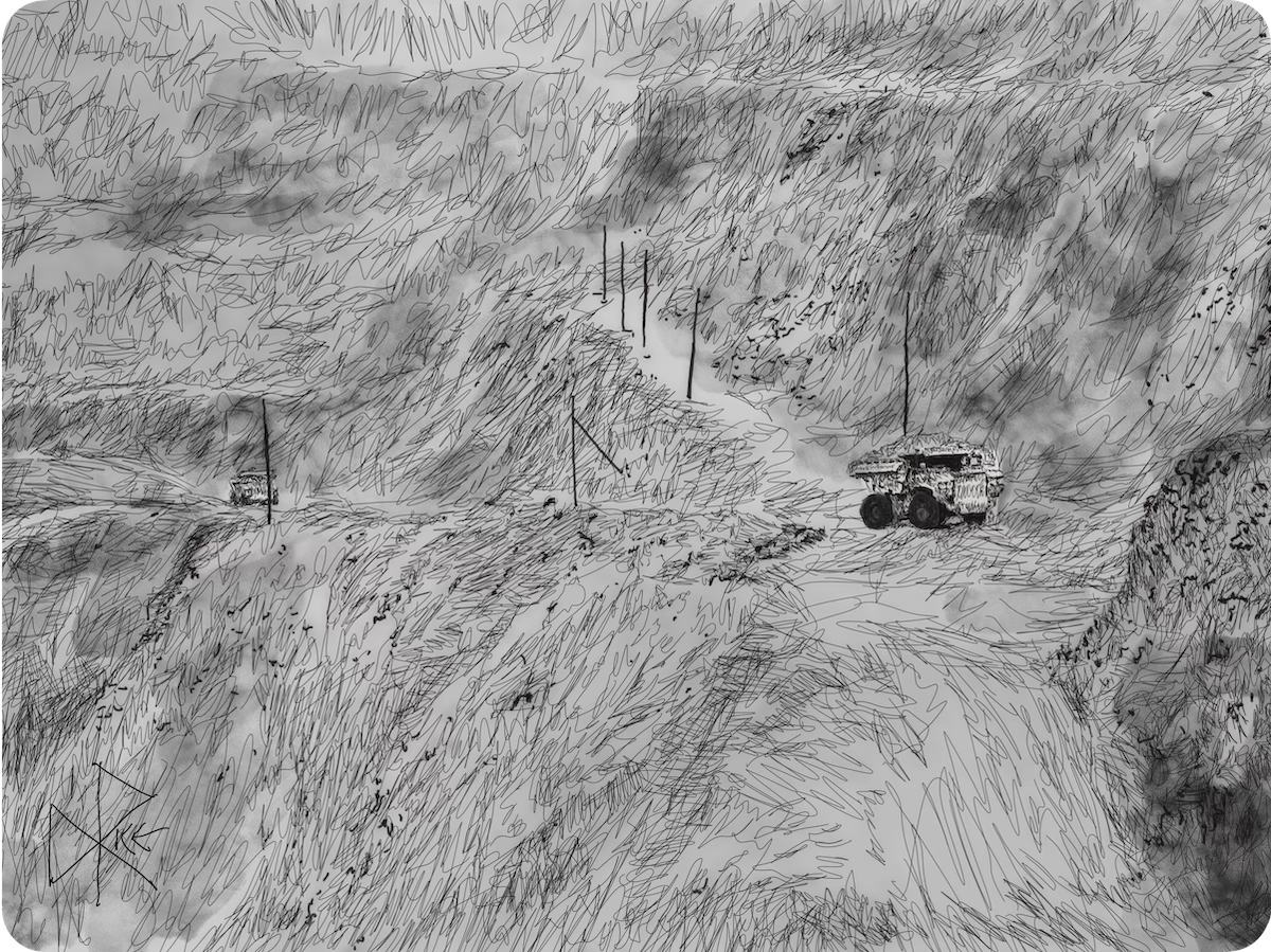 Gigantic industrial trucks look tiny on the terraced road around the edges of a pit mine. Sketch art by Don Rice.