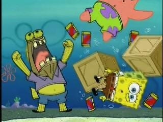 This may contain: spongebob and his friends are in the ocean with their chests full of stuff This may contain: spongebob and his friends are in the ocean with their chests full of stuff