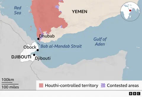 Regional map showing south west corner of Yemen across to Djibouti on the west side of the Bab al-Mandab Strait. It also shows the town of Obock in the north of Dijbouti Regional map showing south west corner of Yemen across to Djibouti on the west side of the Bab al-Mandab Strait. It also shows the town of Obock in the north of Dijbouti