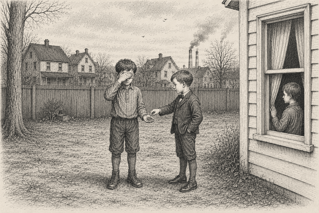 Two boys stand in a yard; one covers his eyes and counts while the other hands off a coin, as a third boy watches from the window.