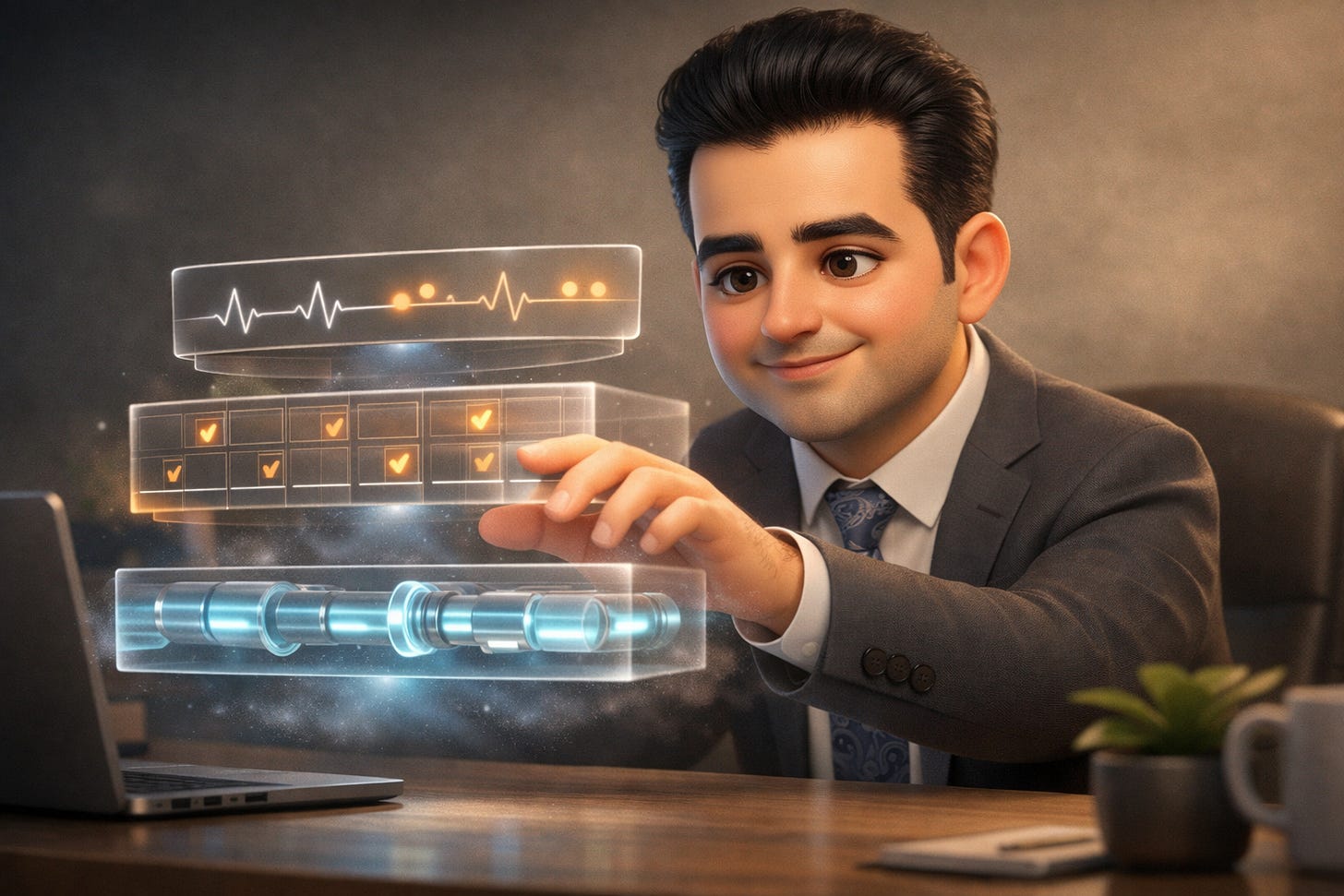 Pixar-style 3D illustration of a data engineer examining a transparent holographic cross-section showing three foundational layers beneath an AI interface — data flow streams, quality validation grids, and monitoring signals — representing the data engineering mindset every AI builder needs Pixar-style 3D illustration of a data engineer examining a transparent holographic cross-section showing three foundational layers beneath an AI interface — data flow streams, quality validation grids, and monitoring signals — representing the data engineering mindset every AI builder needs