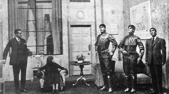 old black and white photo in a living room with three stiff robot people with two regular humans old black and white photo in a living room with three stiff robot people with two regular humans