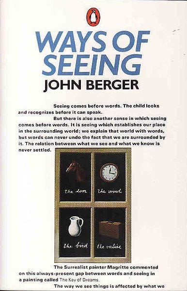 This may contain: an advertisement for john berg's book, ways of seeing with pictures of horses and clocks