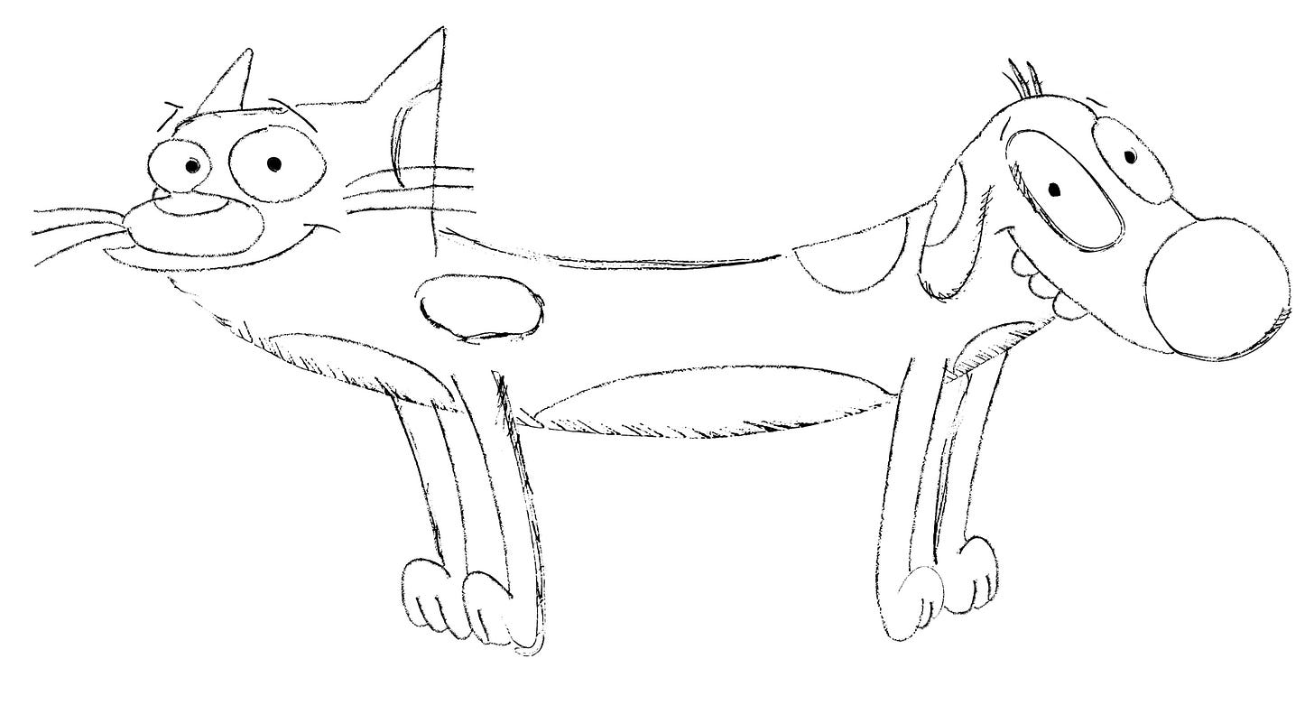 A sketched drawing of the cartoon CatDog