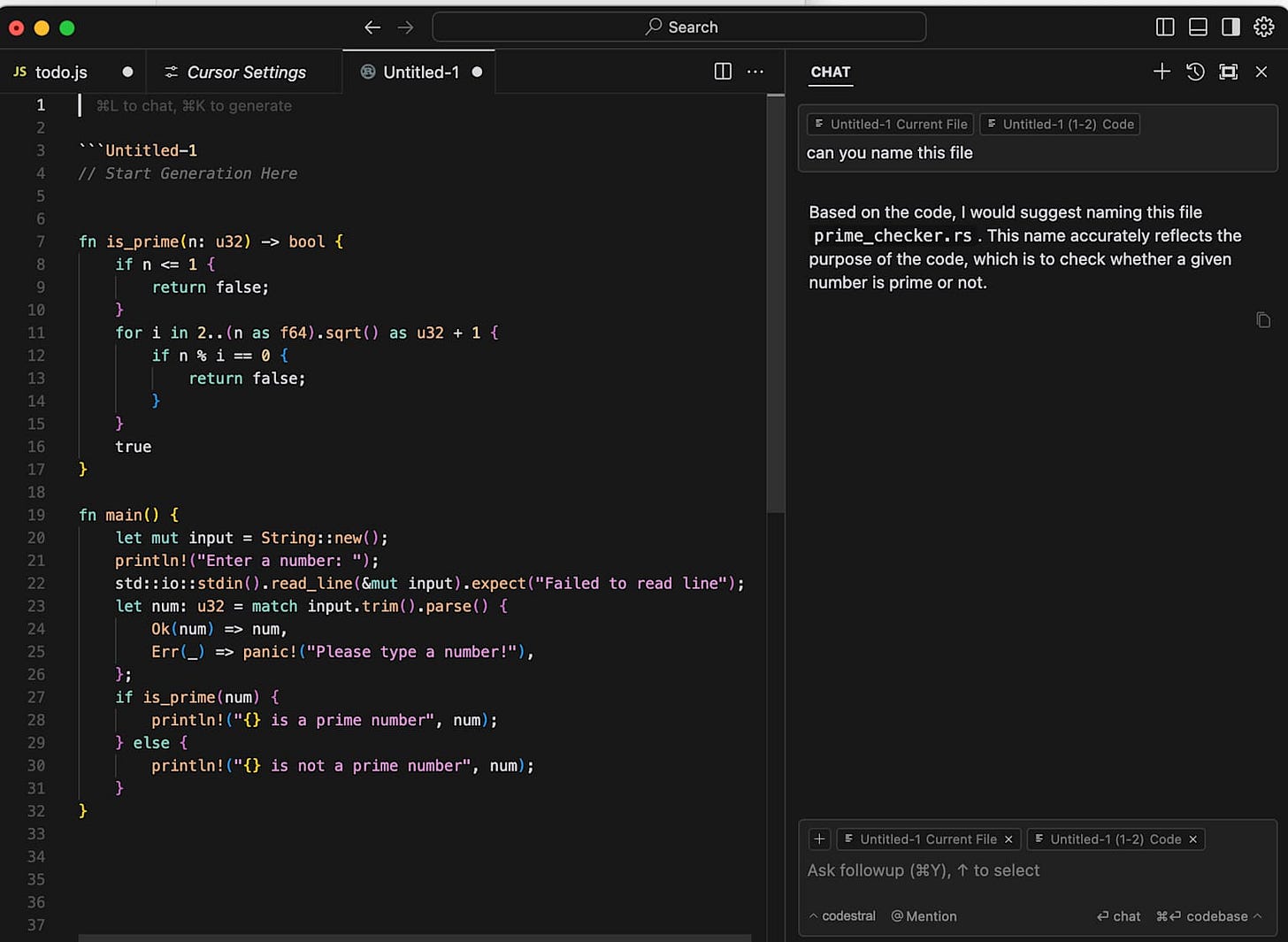 Rust code for checking prime numbers with an AI assistant suggesting file naming in the code editor interface