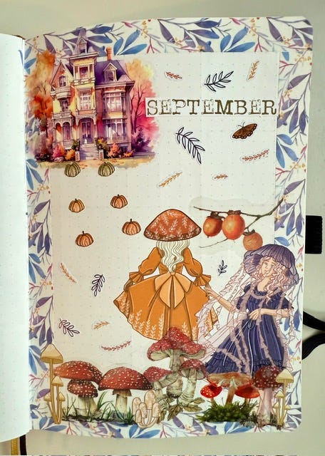 photos of journal entries. First reads september and has a fall themed collage. Pages 2 and 3 are of new moon oracle card readings I have done for myself complete with corresponding stickers like butterflies, plants, and crystals. The final page is dutch doors that has my income and expenses along with a cute autumn orange and purple theme.