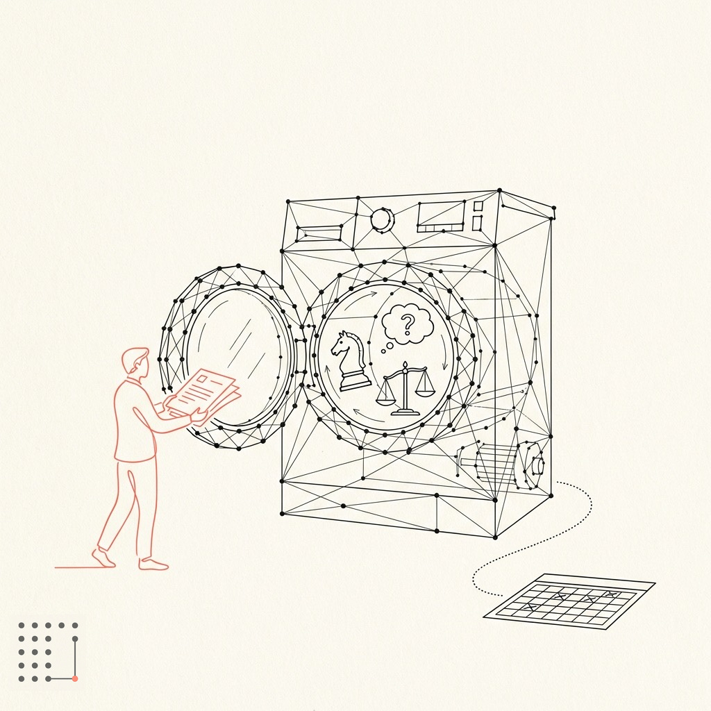 A coral line-art figure feeds a strategy document into a geometric AI washing machine containing a chess knight, scales, and question mark — symbols of judgment that emerge flattened as a spreadsheet. A coral line-art figure feeds a strategy document into a geometric AI washing machine containing a chess knight, scales, and question mark — symbols of judgment that emerge flattened as a spreadsheet.