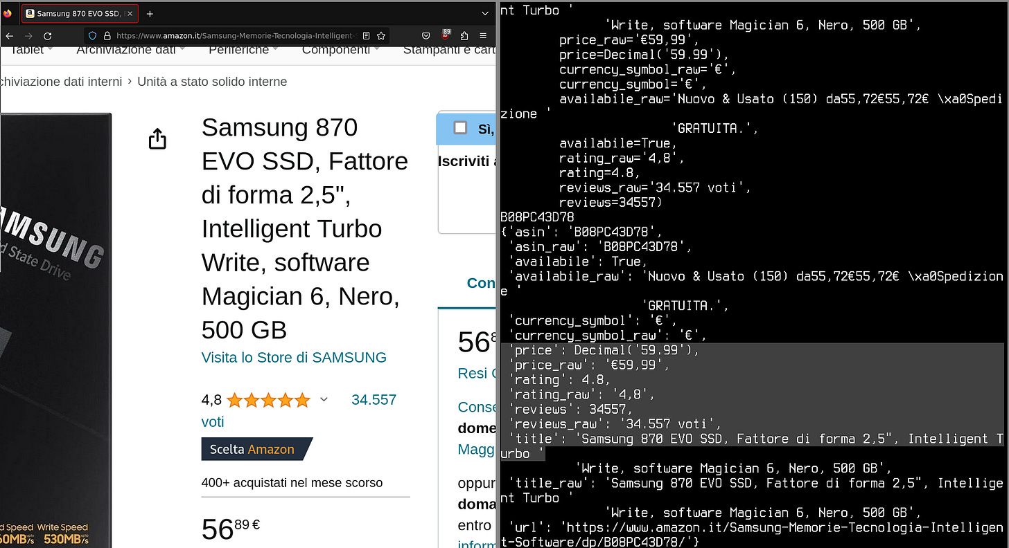 Original Amazon web page on the left and scraped information on the right