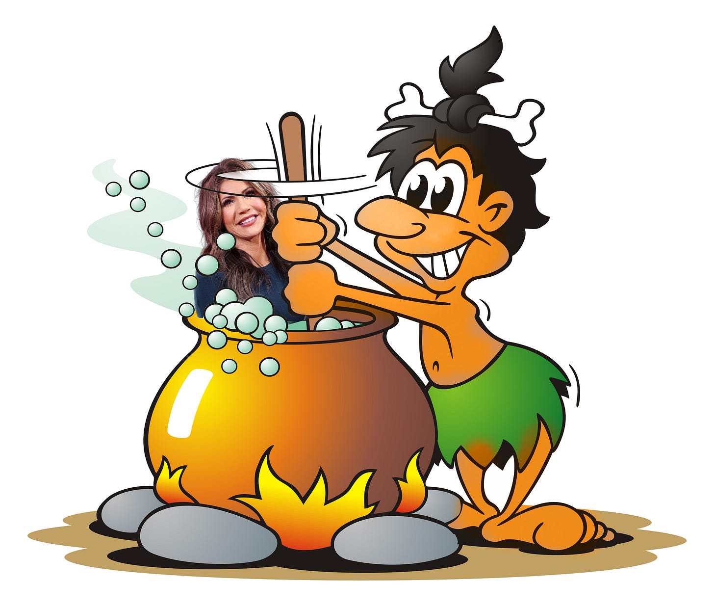 cartoon of Kristi Noem being cooked in a pot by an orange cannibal