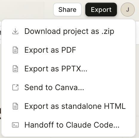 Claude Design export menu showing Canva, PDF, PPTX, HTML, and the killer Handoff to Claude Code option
