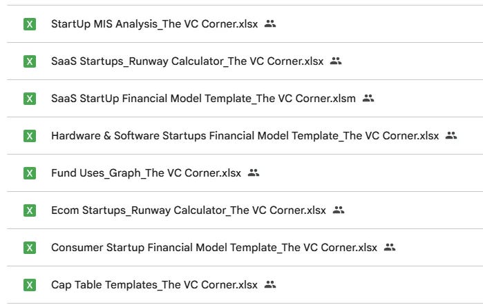List of 8 Excel templates every startup founder needs: cap table, SaaS model, runway calculator, MIS dashboard, and more from The VC Corner