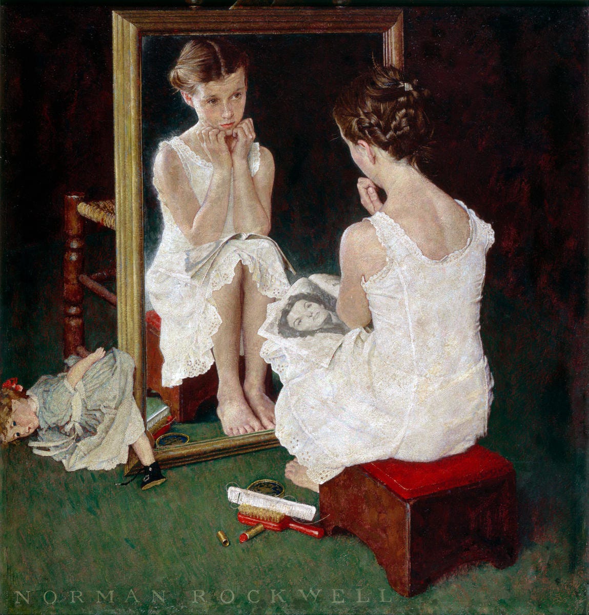 Girl at the Mirror, 1954 by Norman Rockwell - Paper Print - Norman Rockwell  Museum Custom Prints - Custom Prints and Framing From the Norman Rockwell  Museum