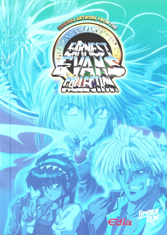 Cover of Original Artwork from the Earnest Evans Collection, featuring stylized anime characters in shades of blue, including a central figure with long hair and intense eyes, a girl holding a weapon, and a confident male character with spiky hair. The title appears in a circular emblem with ancient symbols, and logos for Edia and Limited Run are placed at the bottom. Cover of Original Artwork from the Earnest Evans Collection, featuring stylized anime characters in shades of blue, including a central figure with long hair and intense eyes, a girl holding a weapon, and a confident male character with spiky hair. The title appears in a circular emblem with ancient symbols, and logos for Edia and Limited Run are placed at the bottom.