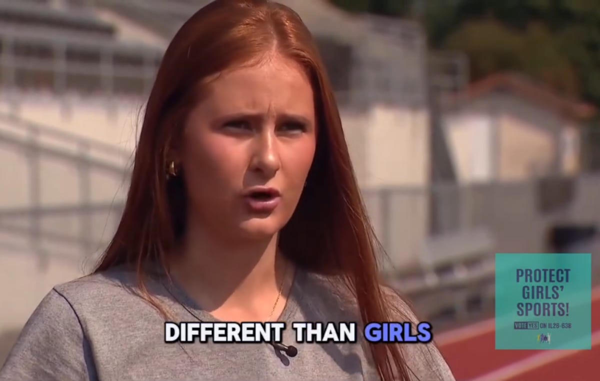 Teenage girl standing on a race track speaks in an advertisement for a measure banning trans girls from school sports Teenage girl standing on a race track speaks in an advertisement for a measure banning trans girls from school sports