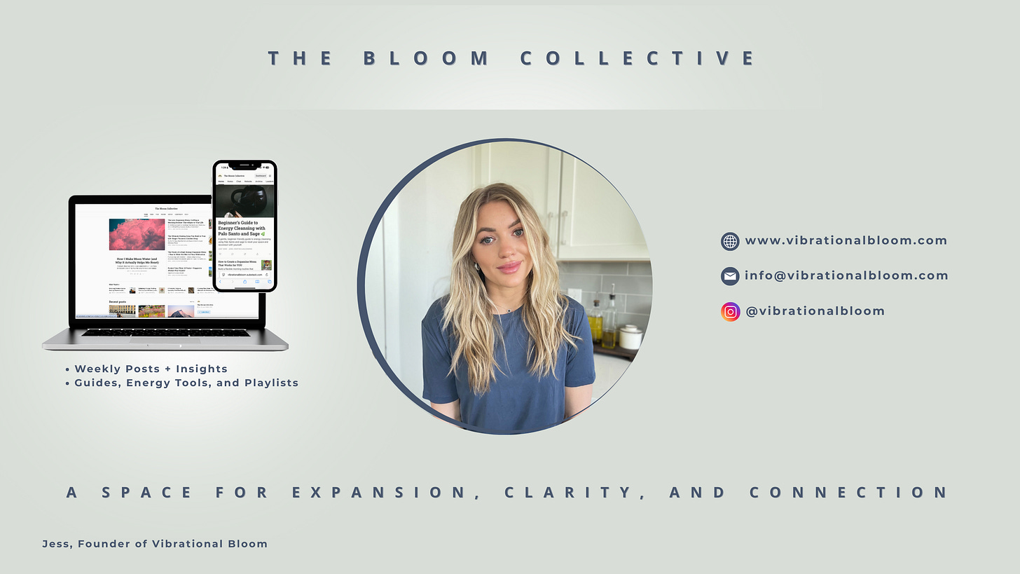 Promotional banner for The Bloom Collective by Jess, Founder of Vibrational Bloom. The image features a circular photo of Jess in a modern kitchen, a laptop and phone mockup showcasing a blog and mobile post, and contact details including website, email, and Instagram handle. Text highlights include "Weekly Posts + Insights," "Guides, Energy Tools, and Playlists," and the tagline “A space for expansion, clarity, and connection.”