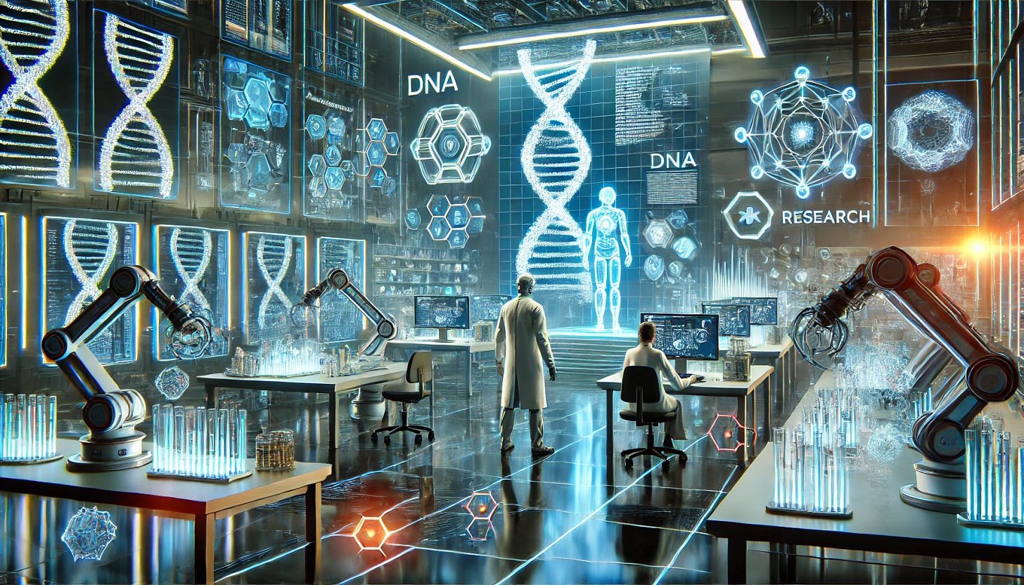 A futuristic laboratory where AI-powered robotic arms and advanced biotechnological equipment work together to analyze DNA, develop new drugs, and conduct experiments. The lab is illuminated with a neon glow, featuring holographic displays showing genetic sequences and molecular structures. In the center, a scientist in a high-tech suit interacts with an AI assistant, discussing breakthrough findings. The scene conveys innovation, deep research, and high-value scientific discoveries.