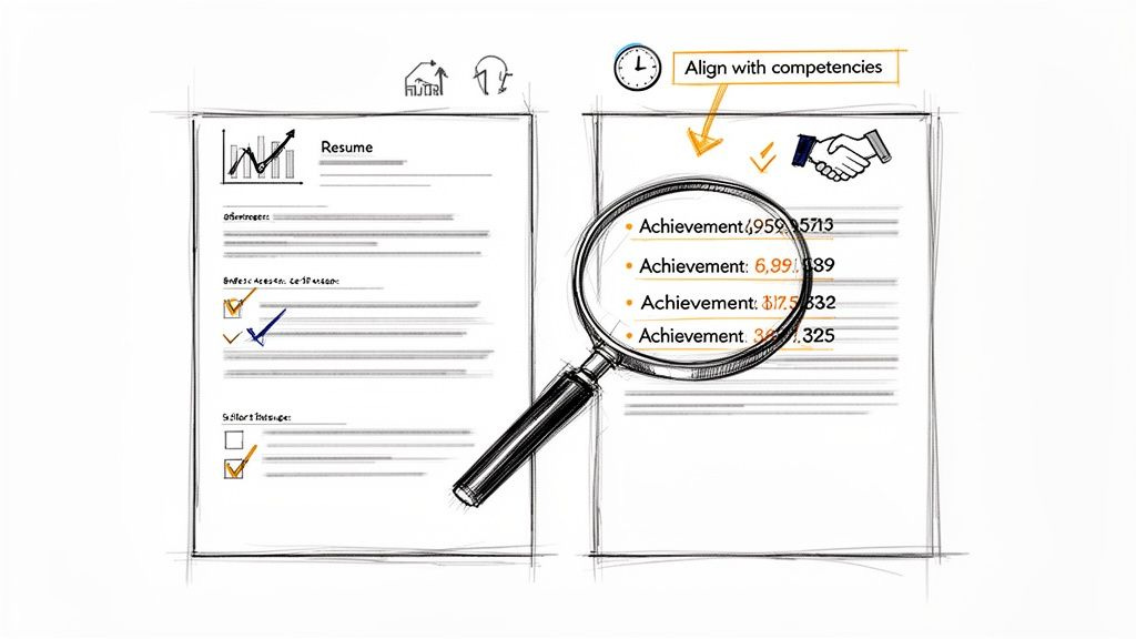 A sketch showing a resume being reviewed, highlighting achievements with a magnifying glass and aligning with competencies.