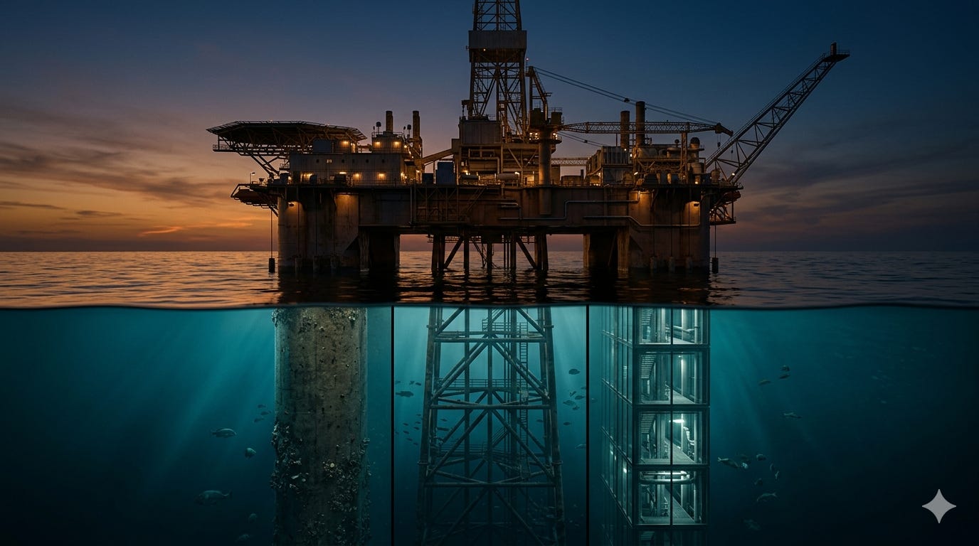 Cinematic photorealistic cross-section of a deep-sea oil platform at dusk, shot from a wide low angle just above the waterline. Above the surface: a unified industrial platform structure, massive and monolithic, lit by the last warm light of sunset reflecting off calm dark water. Below the waterline: the submerged foundation divides into three distinct structural pillars — each a different material, one concrete, one steel lattice, one reinforced glass revealing interior light — separated by clean vertical lines, visually distinct but clearly load-bearing together.