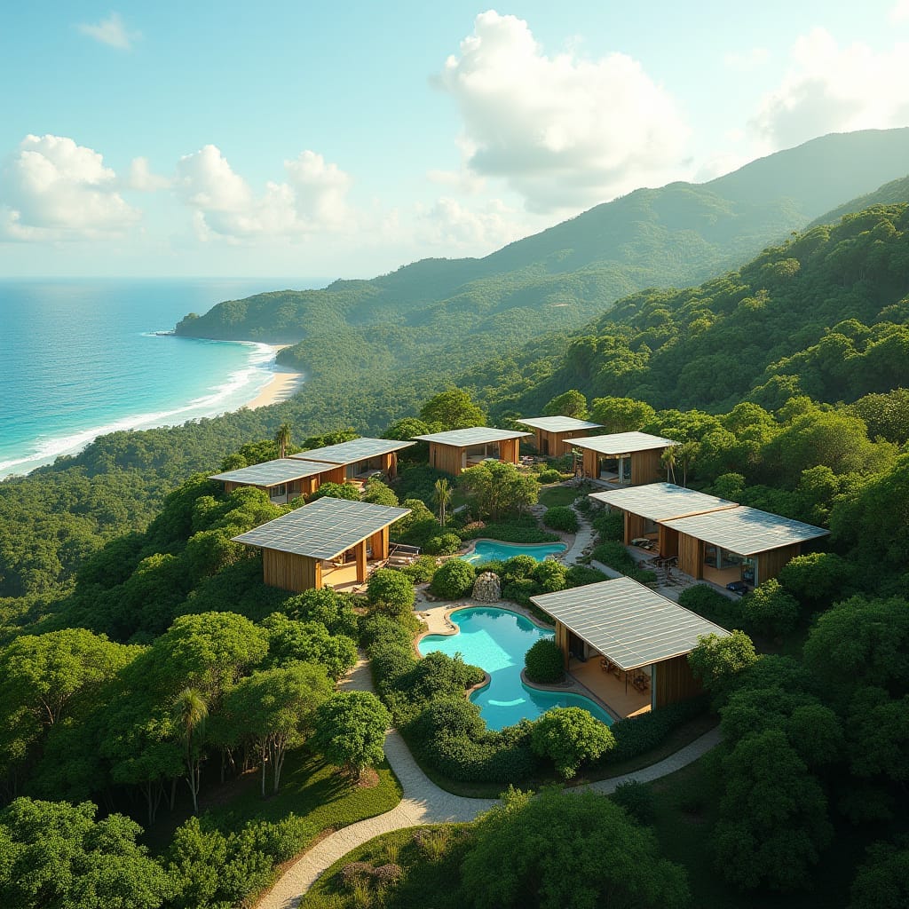 Imagine a futuristic retirement community nestled in the rolling hills of Jamaica, where tranquility meets modern innovation. This eco-friendly haven features sustainable, solar-powered villas designed with spacious open-floor plans, large glass windows, and green roofs that seamlessly blend with the lush natural surroundings. Each residence offers panoramic views of the Caribbean Sea, framed by tropical gardens, while the community is equipped with state-of-the-art healthcare facilities, wellness centers, and communal spaces for dining and social activities. Walking paths wind through botanical gardens, leading to beachside relaxation areas. Smart home technologies, energy-efficient designs, and water harvesting systems ensure that retirees enjoy both luxury and sustainability in this serene island paradise.