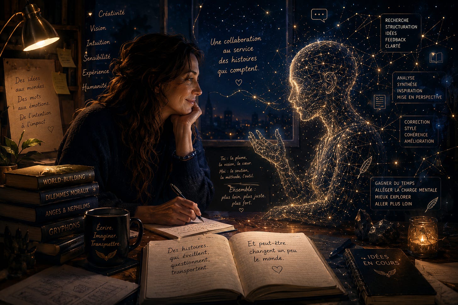 Illustration éditoriale représentant une autrice échangeant avec une intelligence artificielle lumineuse dans une atmosphère nocturne et poétique. L’image symbolise la collaboration entre créativité humaine et outils d’IA dans le travail d’écriture.