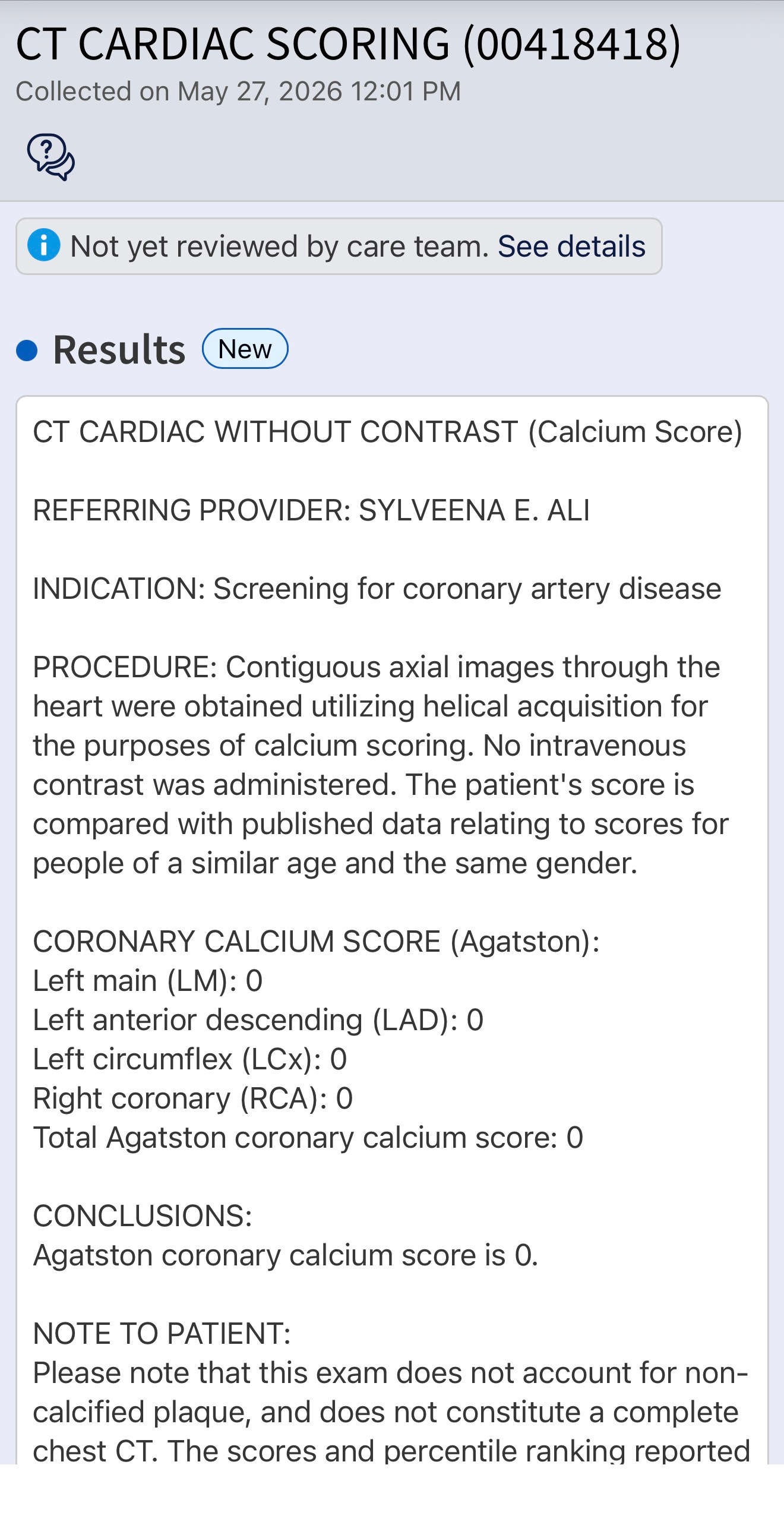 My official Agatston Coronary Calcium Score report, processed May 27, 2026. My official Agatston Coronary Calcium Score report, processed May 27, 2026.