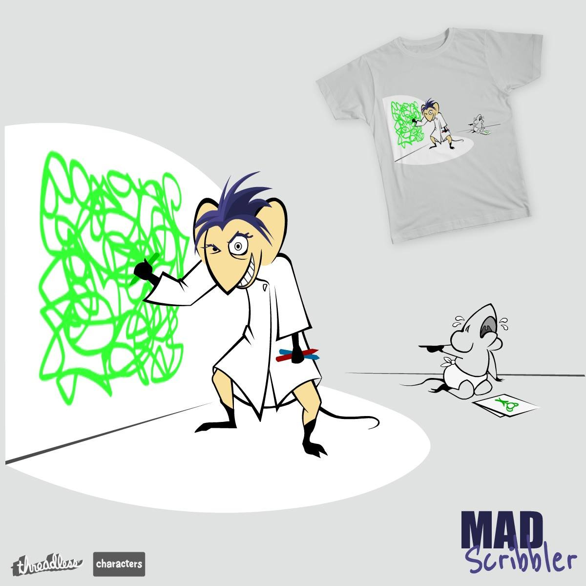 T-shirt design with a mad scientist looking mouse scribbling on the wall with a green crayon. In the background a baby mouse is crying and pointing at the Mad Scribbler who has stolen his crayon.