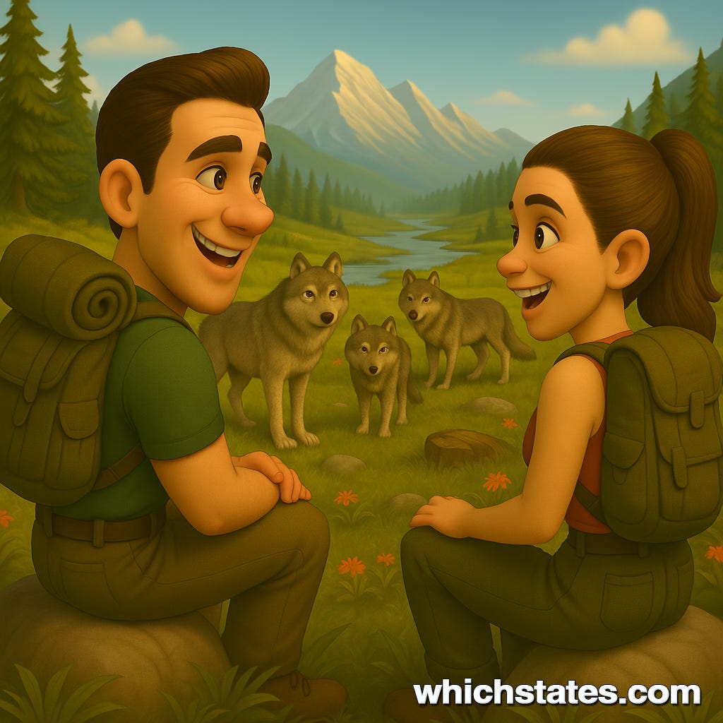 Ellis and June sitting on a grassy hillside in a national park, watching a pack of wolves in the distance with mountains and a river in the background.