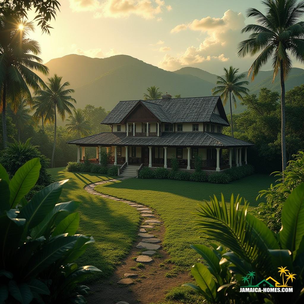 A majestic traditional Jamaican farmhouse, surrounded by lush greenery, situated on 2 acres of rolling hills and tropical landscape, bathed in warm, golden cinematic lighting, with a sense of depth and atmosphere. Shot on a virtual camera, simulating the aesthetic of a V-Raptor XL, with noticeable film grain, subtle vignette, and a color grade that evokes a sense of nostalgia and timelessness. Inspired by the works of Terrence Malick, Akira Kurosawa, and Wong Kar-wai, with a mix of cinematic styles that blend the rugged naturalism of location shooting with the dramatic flair of a carefully composed film still. The image should convey a sense of grandeur, drama, and epic scope, with a strong emphasis on texture, mood, and atmosphere, as if it were a still frame from a sweeping cinematic masterpiece.