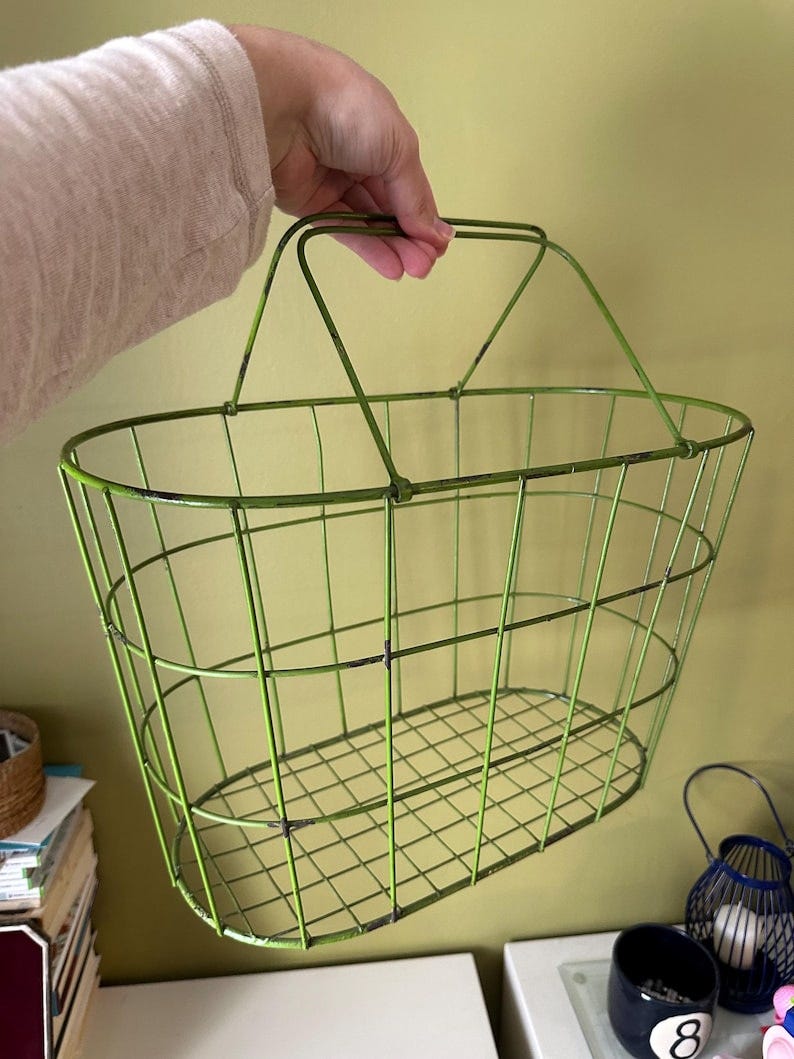 May include: A green wire basket with two handles. The basket is oval shaped and has a wire mesh design.