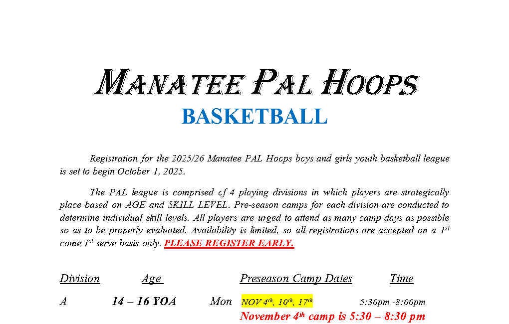Manatee PAL Hoops Opens Registration for 2025/26 Youth Basketball League