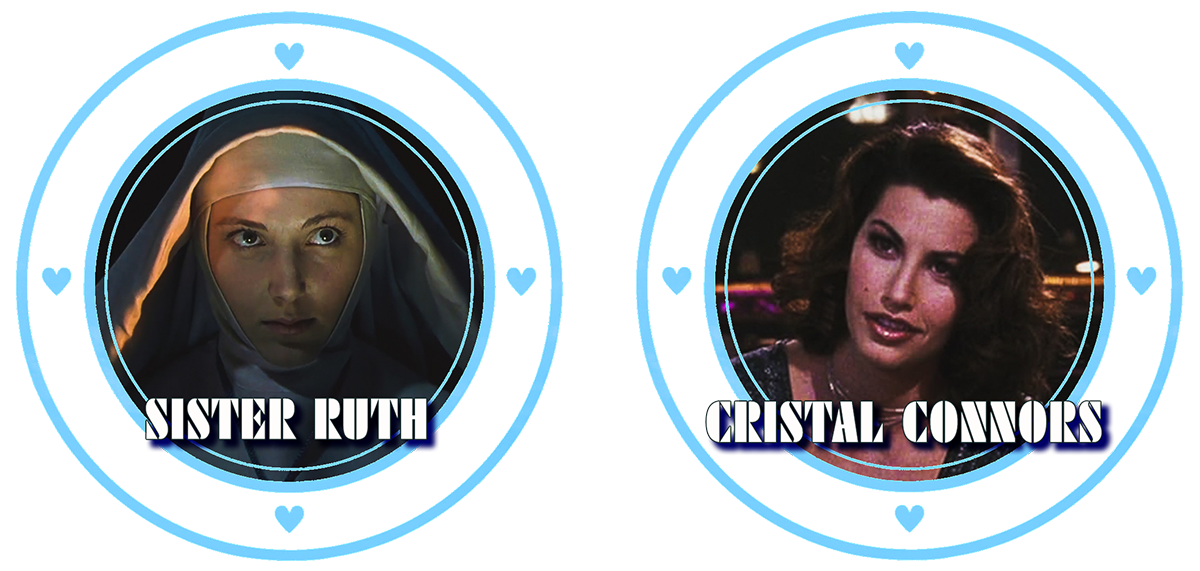 Side-by-side circular portraits of Sister Ruth from Black Narcissus and Cristal Connors from Showgirls, framed in Love Boat credits-style portals.