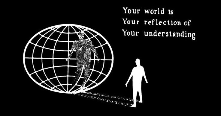 This may contain: a man walking across a black background with the words your world is your reflection of your undestinding