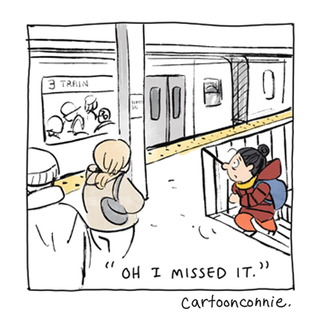 Panel 1 from a 6-panel autobio comic about riding a crowded subway on a freezing cold night in New York City and small gestures of city dwellers who make room for each other. Titled "New York City Code," original art by Connie Sun, cartoonconnie, 2026. Panel 1 from a 6-panel autobio comic about riding a crowded subway on a freezing cold night in New York City and small gestures of city dwellers who make room for each other. Titled "New York City Code," original art by Connie Sun, cartoonconnie, 2026.