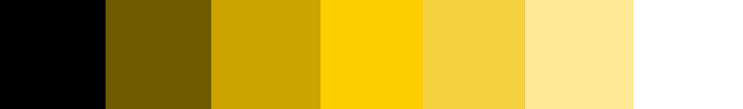 Esta imagem apresenta uma barra horizontal centralizada em um fundo preto, composta por sete blocos retangulares de cores que formam um gradiente de luminosidade. A sequência de cores, da esquerda para a direita, é a seguinte: Bloco 1: Preto absoluto. Bloco 2: Um tom de marrom bem escuro, próximo ao ocre. Bloco 3: Um tom de dourado mais fechado, lembrando a cor de mostarda. Bloco 4: Um amarelo vibrante e intenso, posicionado exatamente no centro. Bloco 5: Um amarelo mais claro e suave, puxado para o tom pastel. Bloco 6: Um tom de creme ou amarelo bem pálido, quase branco. Bloco 7: Branco puro Esta imagem apresenta uma barra horizontal centralizada em um fundo preto, composta por sete blocos retangulares de cores que formam um gradiente de luminosidade. A sequência de cores, da esquerda para a direita, é a seguinte: Bloco 1: Preto absoluto. Bloco 2: Um tom de marrom bem escuro, próximo ao ocre. Bloco 3: Um tom de dourado mais fechado, lembrando a cor de mostarda. Bloco 4: Um amarelo vibrante e intenso, posicionado exatamente no centro. Bloco 5: Um amarelo mais claro e suave, puxado para o tom pastel. Bloco 6: Um tom de creme ou amarelo bem pálido, quase branco. Bloco 7: Branco puro