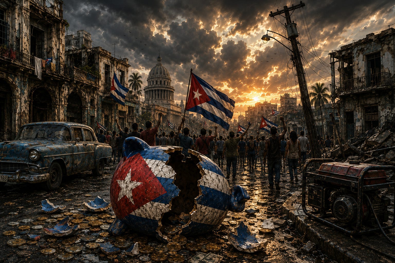 Illustration: A shattered Cuban flag piggy bank lies in a crumbling Havana street as protesters gather beneath stormy skies. The scene symbolises Cuba's worsening economic crisis, growing public frustration, chronic power shortages, and mounting pressure for political change.Illustration: A shattered Cuban flag piggy bank lies in a crumbling Havana street as protesters gather beneath stormy skies. The scene symbolises Cuba's worsening economic crisis, growing public frustration, chronic power shortages, and mounting pressure for political change.Illustration: A shattered Cuban flag piggy bank lies in a crumbling Havana street as protesters gather beneath stormy skies. The scene symbolises Cuba's worsening economic crisis, growing public frustration, chronic power shortages, and mounting pressure for political change.