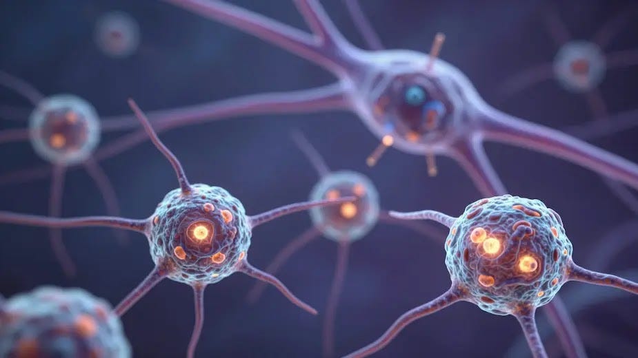 A detailed medical illustration showing brain cells interacting with amyloid‑beta plaques. In the foreground, microglia extend branching processes toward the plaques, highlighting their surveillance and cleanup role. A large, healthy neuron sits prominently in the background, with its axon and dendrites softly illuminated. The scene uses soft, cool scientific lighting, subtle blue‑purple tones, and a clean, clinical style suitable for Alzheimer’s education.