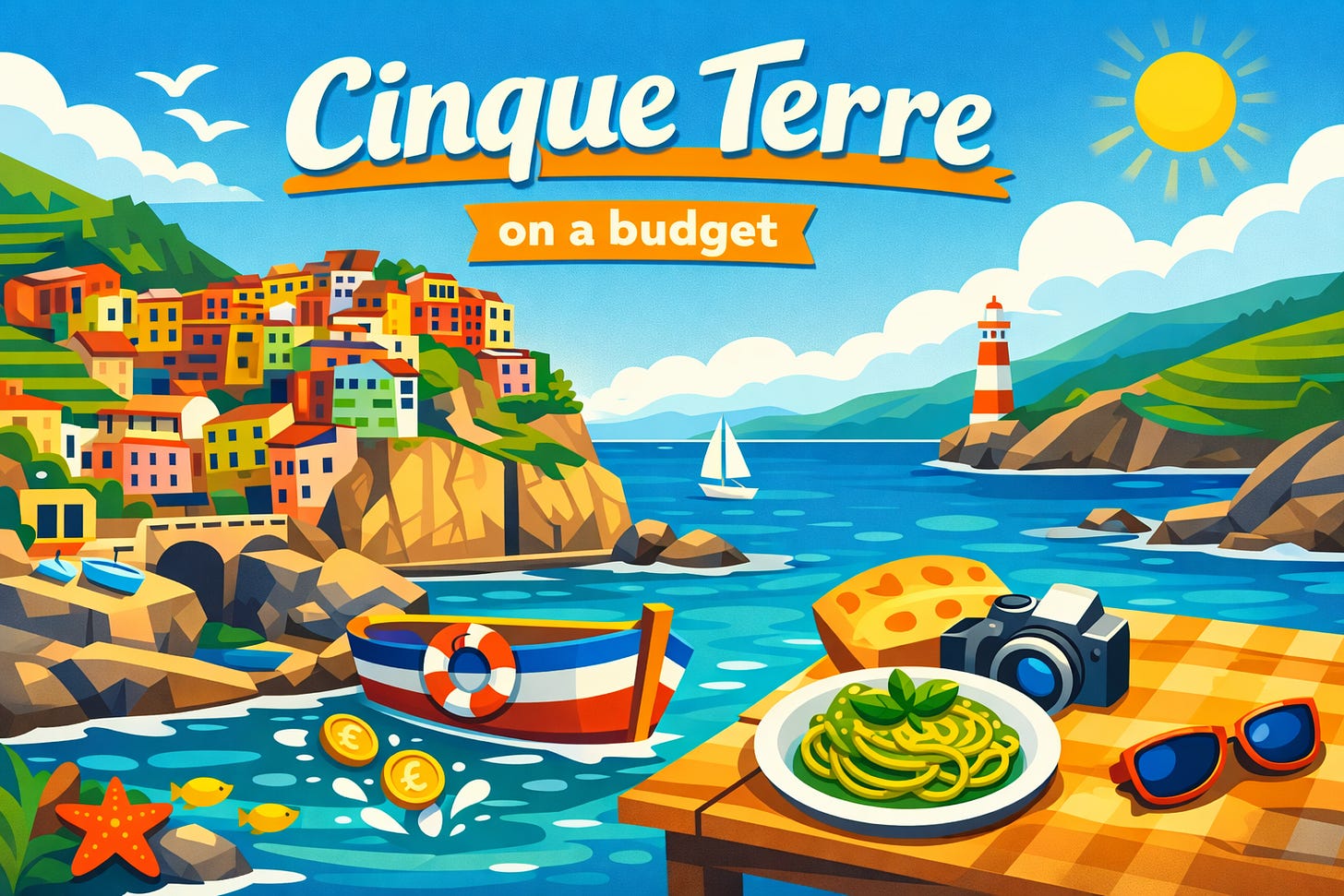 Illustration depicting one of the Cinque terre villages, built on top of the sea with typical local dishes.