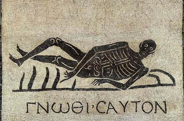 The Greek motto gnōthi sauton (know thyself, nosce te ipsum) combines with the image to convey the famous warning: Respice post te; hominem te esse memento; memento mori. (Look behind; remember that you are mortal; remember death.)(Public Domain) The Greek motto gnōthi sauton (know thyself, nosce te ipsum) combines with the image to convey the famous warning: Respice post te; hominem te esse memento; memento mori. (Look behind; remember that you are mortal; remember death.)(Public Domain)