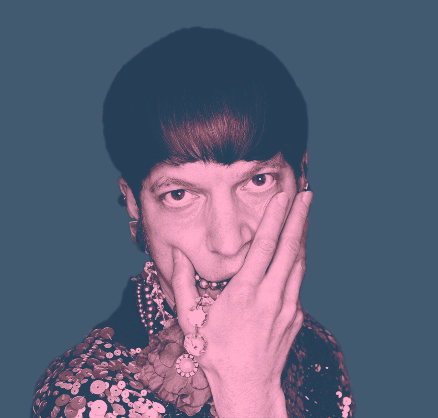 Portrait of Mattila Bernstein Sycamore tinted purple with a grey background. Their hand is covering their mouth.