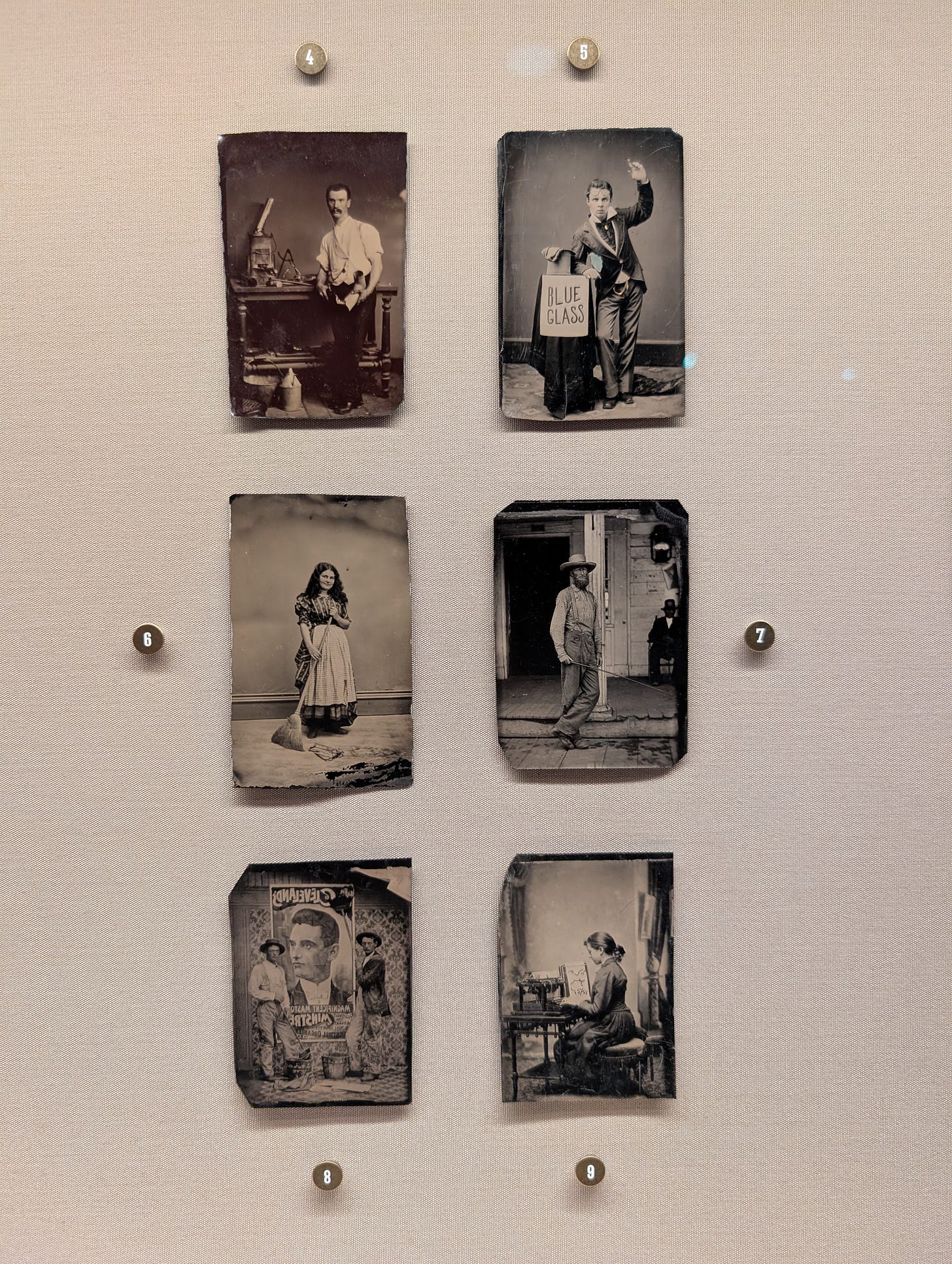 Six tintype portraits of various workers from the 1860s to 1890s, including a tinsmith, a blue glass salesman, a housekeeper with a broom, a buggy driver, bill posters, and a woman sewing at a machine.