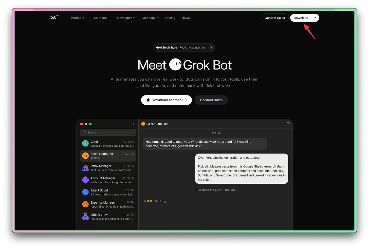 The Grok Bot landing page with an arrow pointing to the download button to show how to download Grok Bot The Grok Bot landing page with an arrow pointing to the download button to show how to download Grok Bot