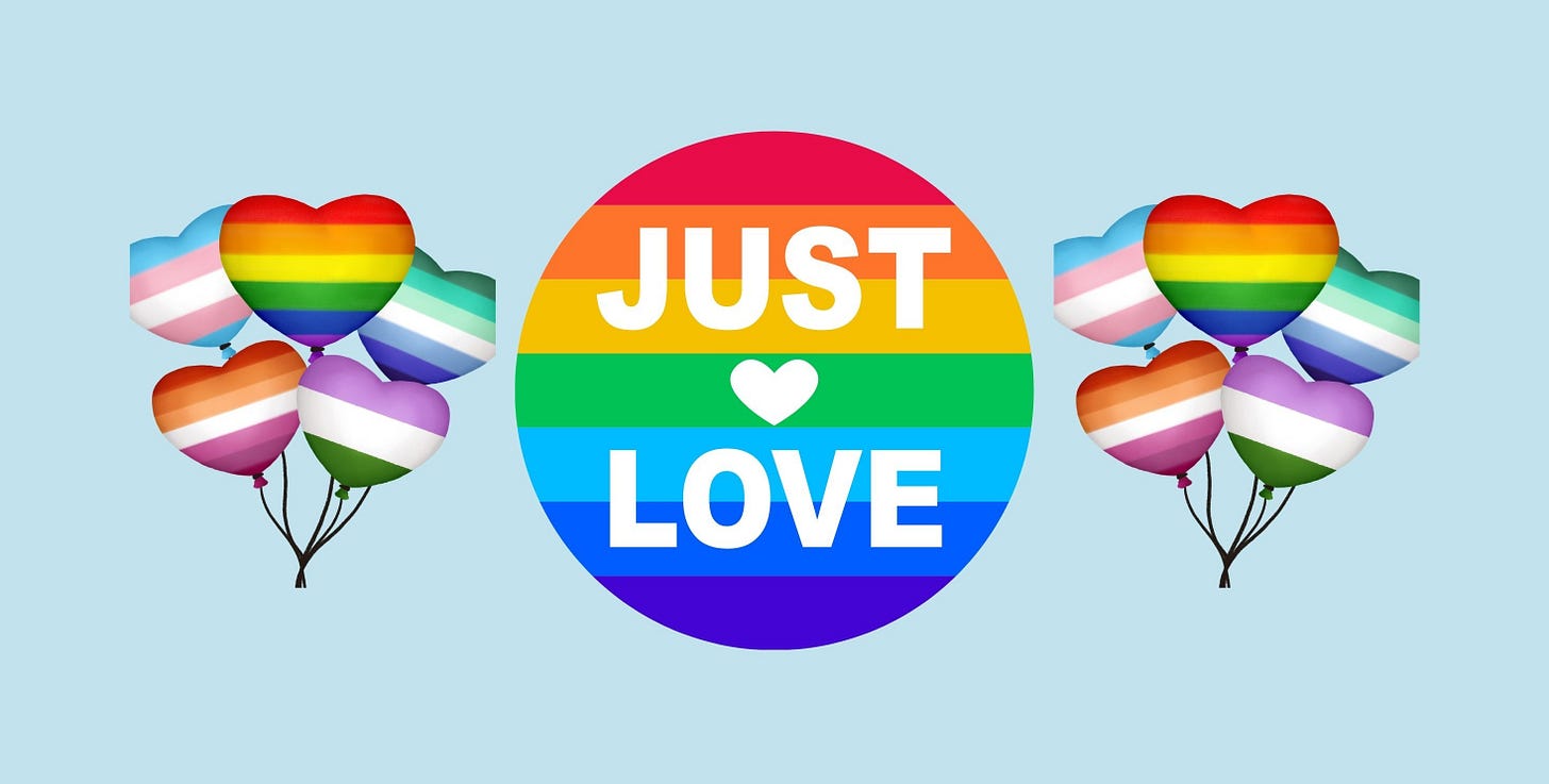 Circle of traditional pride colors with the words Just Love with a heart surrounding on both sides of balloon graphics with a wider range of Pride flag colors represented.