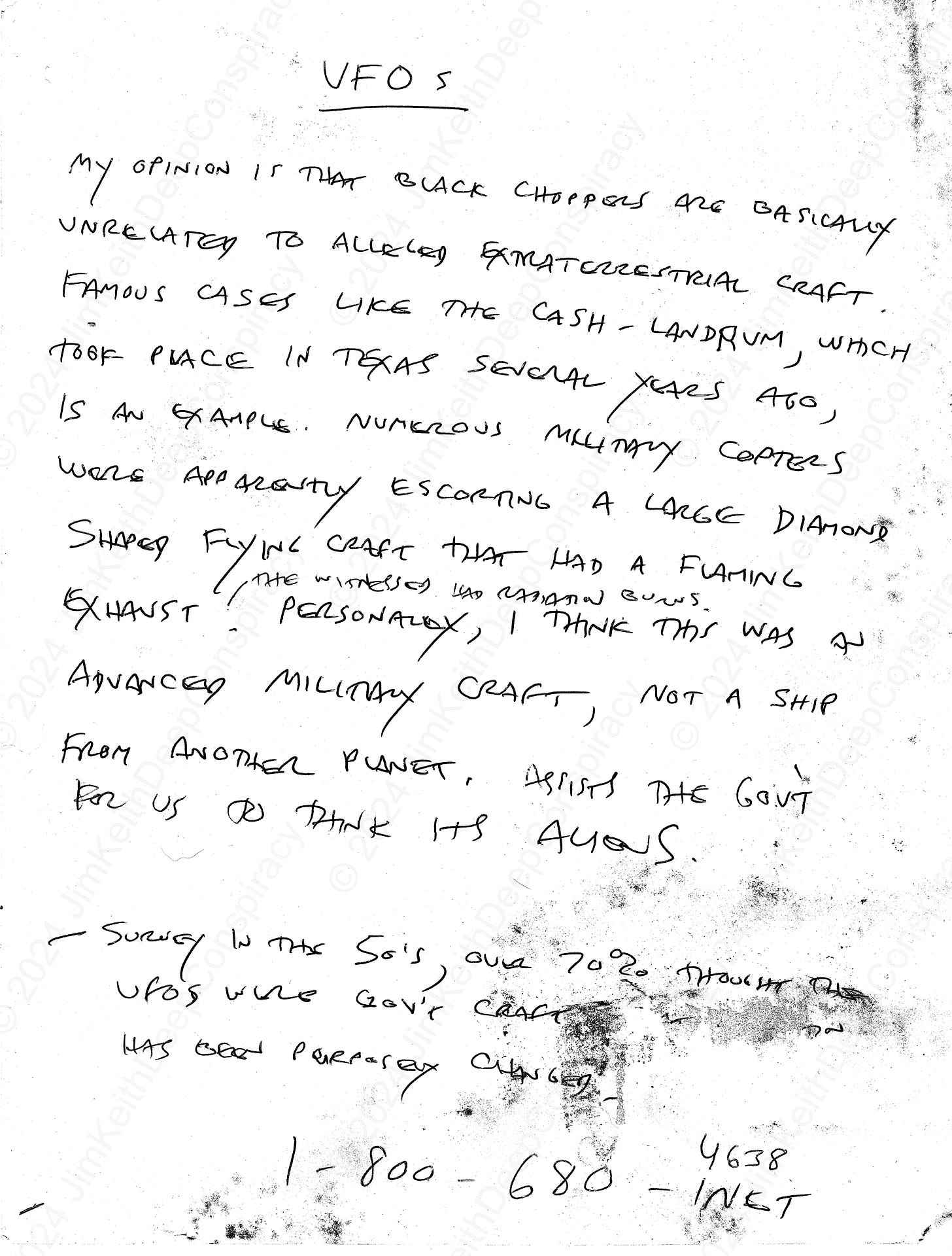 Handwritten note by Jim Keith: Opinion on black choppers vs. alleged ET craft. Mentions Cash-Landrum case, military involvement, and gov't manipulation of UFO perception.