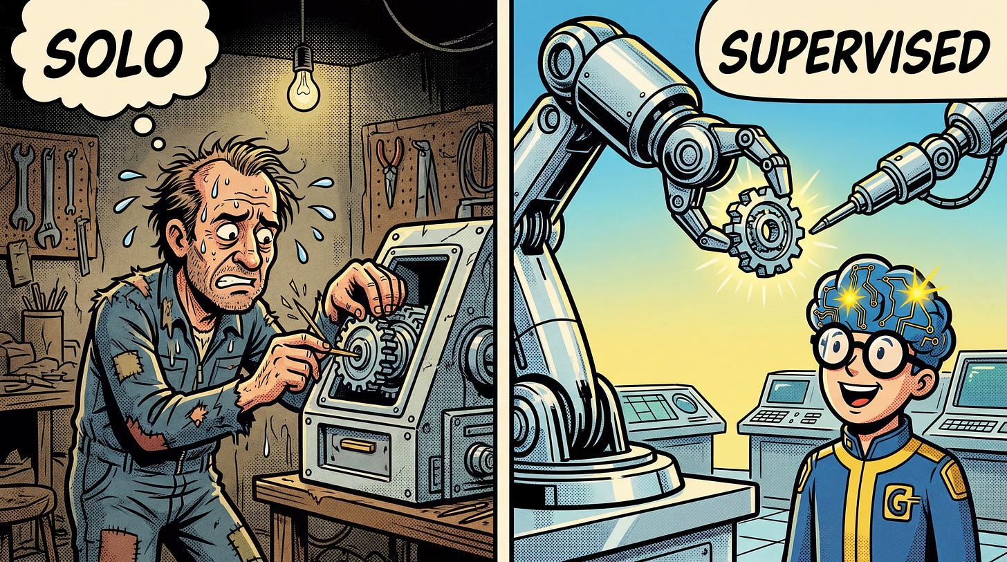 BD satirique montrant Michel essayant de tout faire seul de manière désordonnée vs le GMIND-BOY utilisant une assistance technologique pour une précision totale.